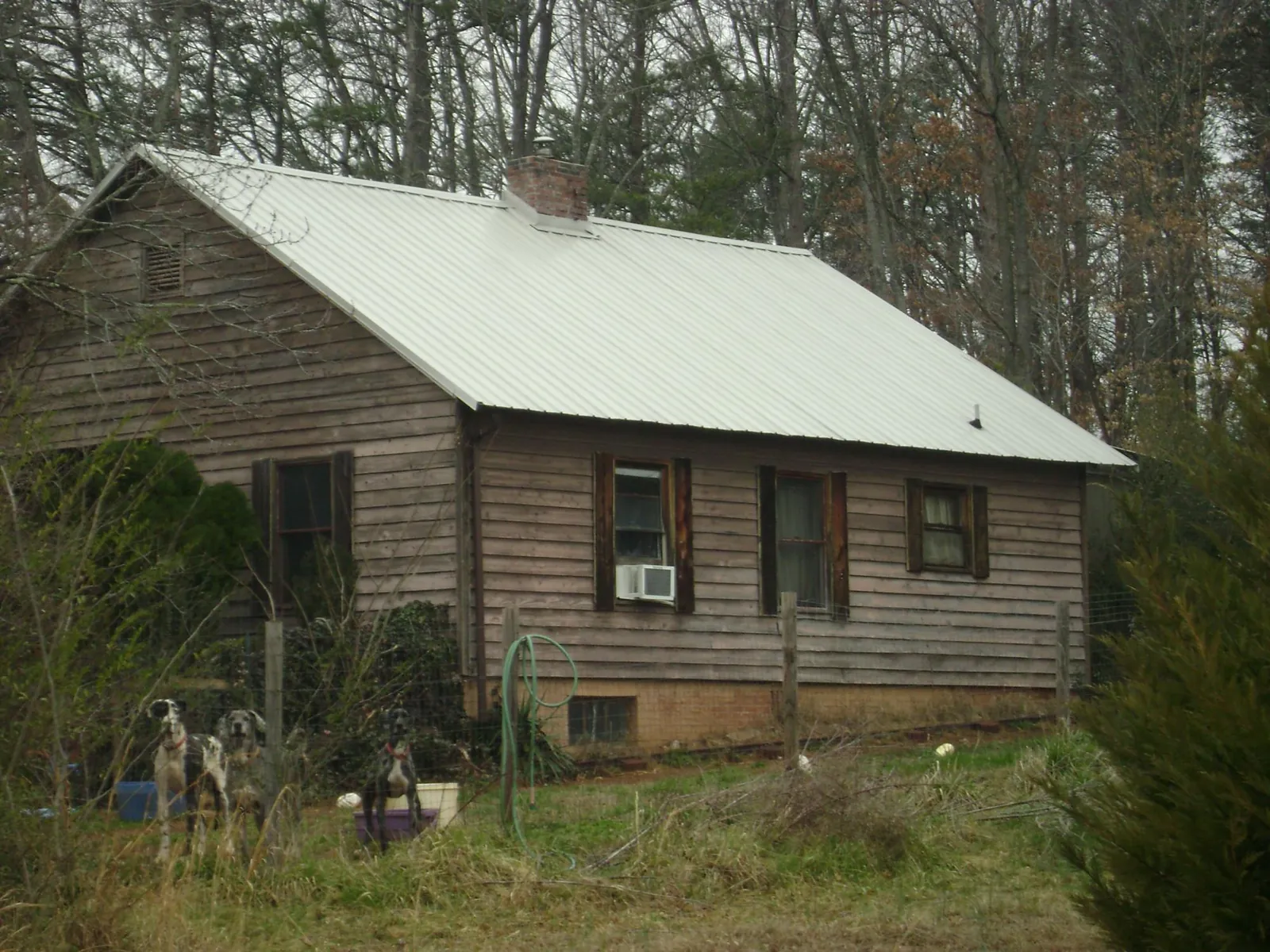 White metal roof on an old wood sided farmhouse, from a Asphalt Shingle Roof Repair job in Bloomington